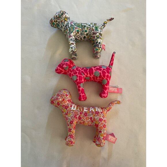 Victorias Secret Pink Stuffed Dog Trio - Floral Leopard & Graffiti Prints - Plus - Picture 1 of 8